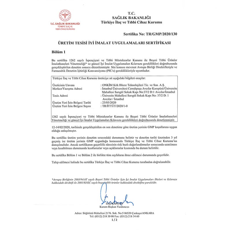 TİTCK GMP Sertifikası – sayfa 1